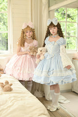 Pink [Petal Bunny] Cotton Square Collar Short Sleeves Double-Layered Ruffled Bow Lace Lace-Up Sweet Lolita Dress - Product - 20