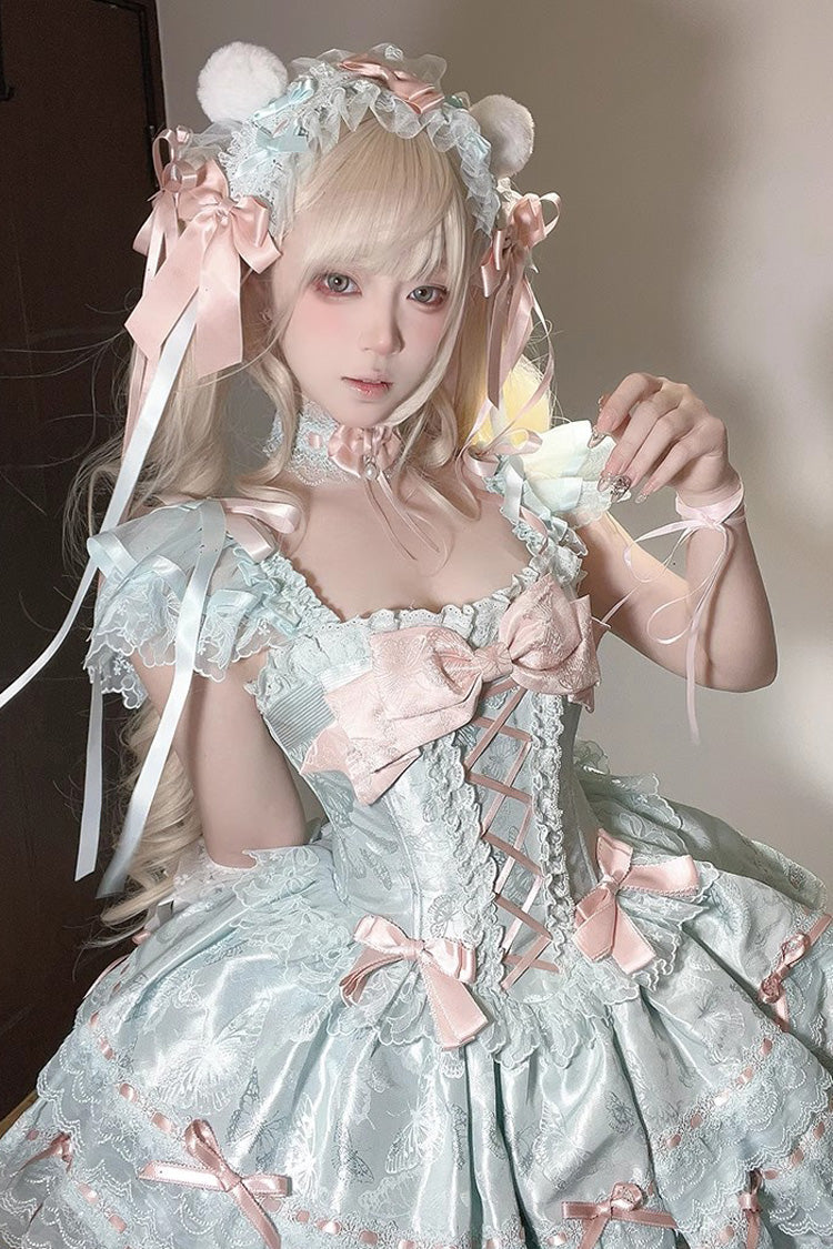 Green [Flora Isle Butterfly] Sleeveless Ruffle Bowknot Lace Lace-Up Sweet Elegant Lolita Jsk Dress - Product - 6