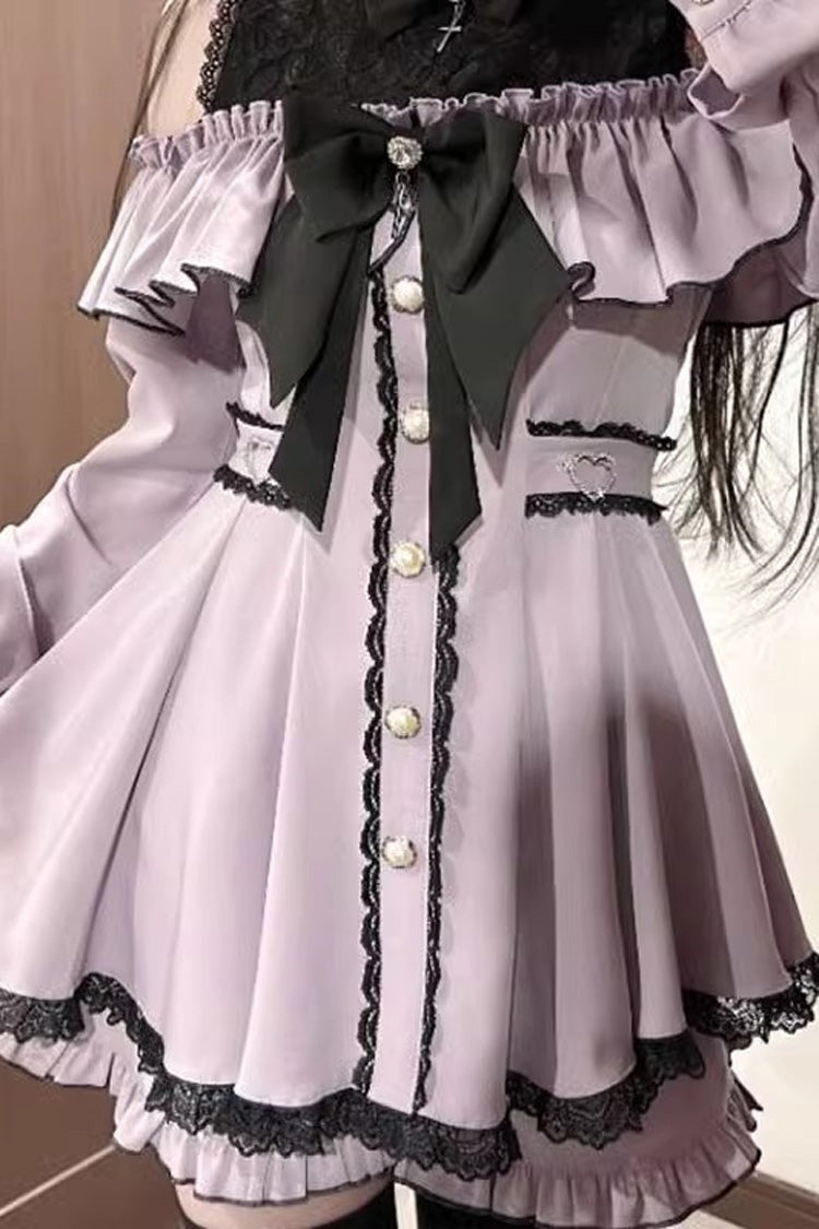 Black Long Sleeves Ruffle Stitching Lace Jirai Kei Japanese Strapless Dress Set - Product - 4
