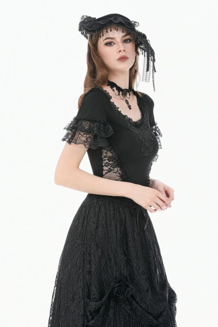 Black Women's Gothic Square Collar Double-Layered Lace Short Sleeves Embroidered Slim Fit Top - Product - 5