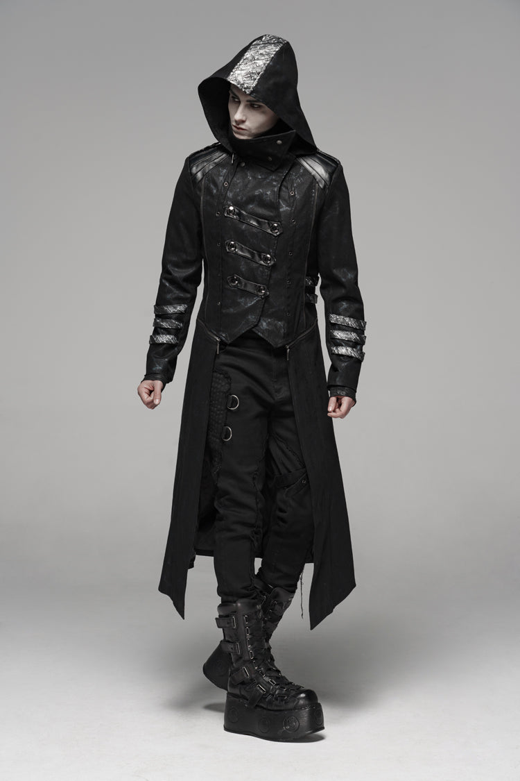 Black Stand Collar Stretch Twill Fabric Hooded Men's Gothic Long Jacket - Product - 5