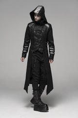 Black Stand Collar Stretch Twill Fabric Hooded Men's Gothic Long Jacket - Product - 5
