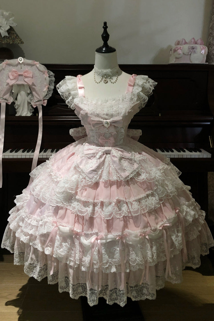 Pink [Eternal Floral Message] Square Collar Sleeveless Multi-Layered Hanayome Embroidered Bow Lace Sweet Lolita Jsk Dress - Product - 3