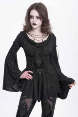 Black Long Trumpet Sleeves Print Embroidery Women's Gothic Blouse - Black - 1