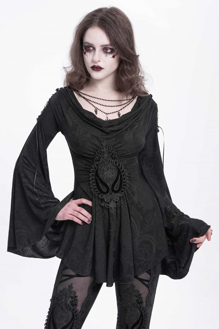 Black Long Trumpet Sleeves Print Embroidery Women's Gothic Blouse - Black - 1