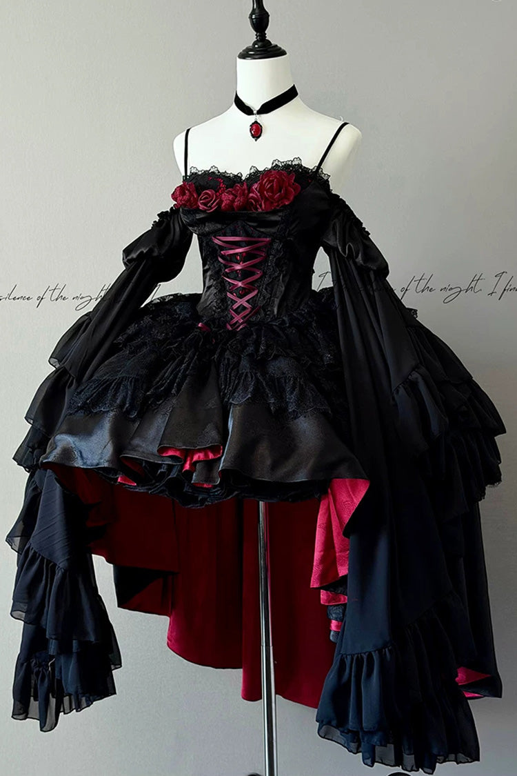 Black/Red [Blood Feast] Halloween Off Shoulder Jacquard Ruffled Lace-Up Gothic Elegant Lolita Jsk Dress - Product - 4