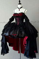 Black/Red [Blood Feast] Halloween Off Shoulder Jacquard Ruffled Lace-Up Gothic Elegant Lolita Jsk Dress - Product - 4