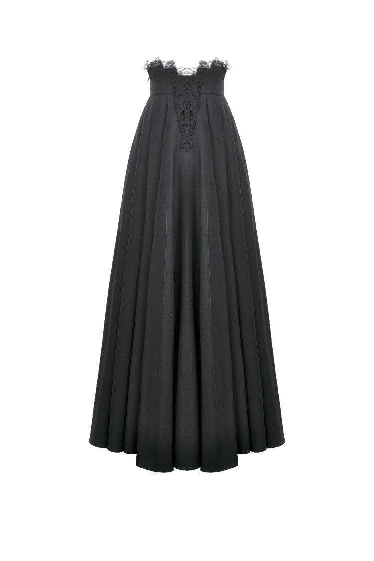 Black Embroidered Lace Trim Pleated Women's Gothic Maxi Skirt - Product - 3