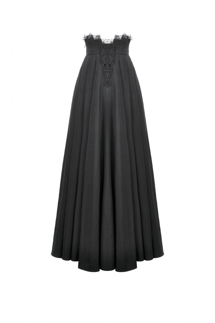 Black Embroidered Lace Trim Pleated Women's Gothic Maxi Skirt - Product - 3