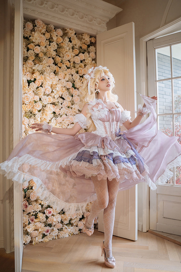 Pink/Purple [Rose Memoirs] Sleeveless Multi-Layered Bowknot Lace Sweet Lolita Skirt Set - Product - 7