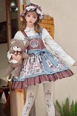 Brown Doll Print Ruffle Bowknot Sweet Lolita Strap Dress - Brown - 1
