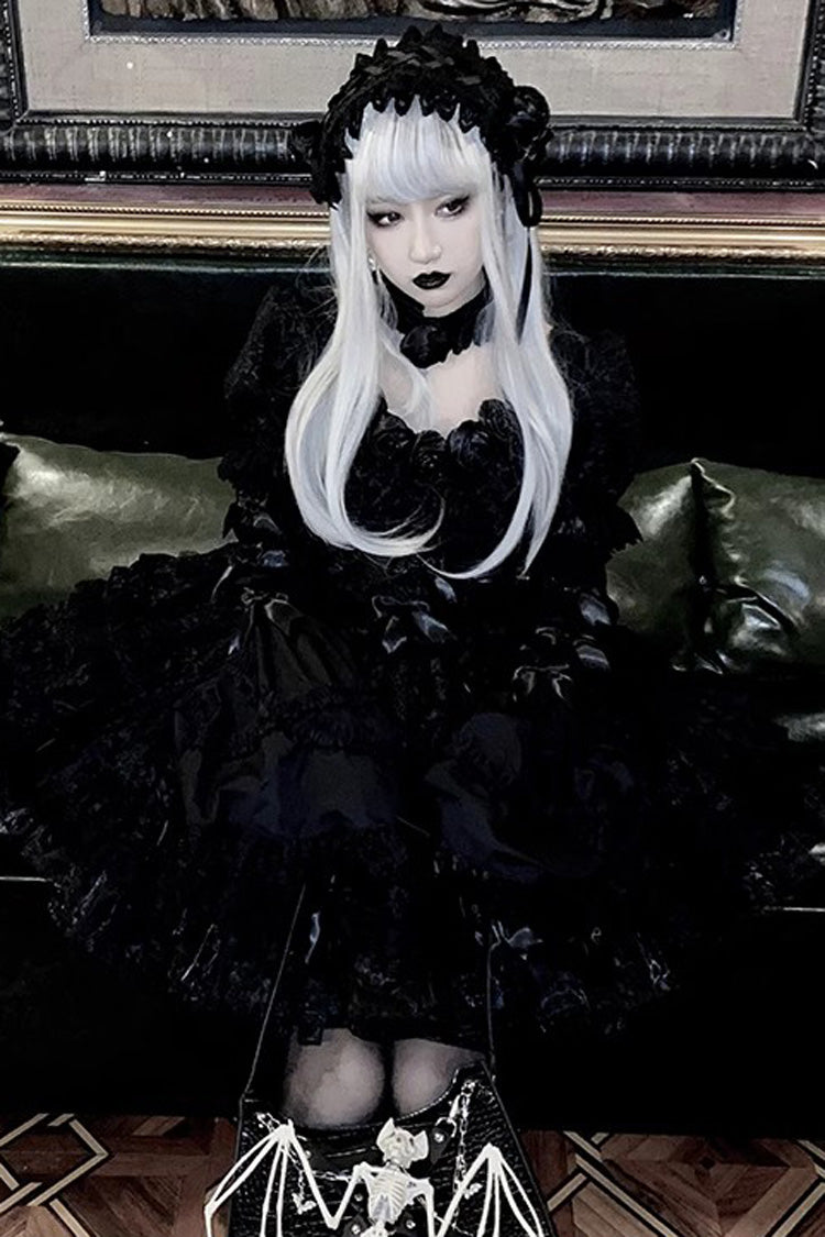 Pure Black Puff Short Sleeves Princess Gothic Lolita Tiered Dress - Product - 5