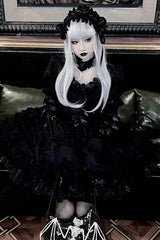 Pure Black Puff Short Sleeves Princess Gothic Lolita Tiered Dress - Product - 5