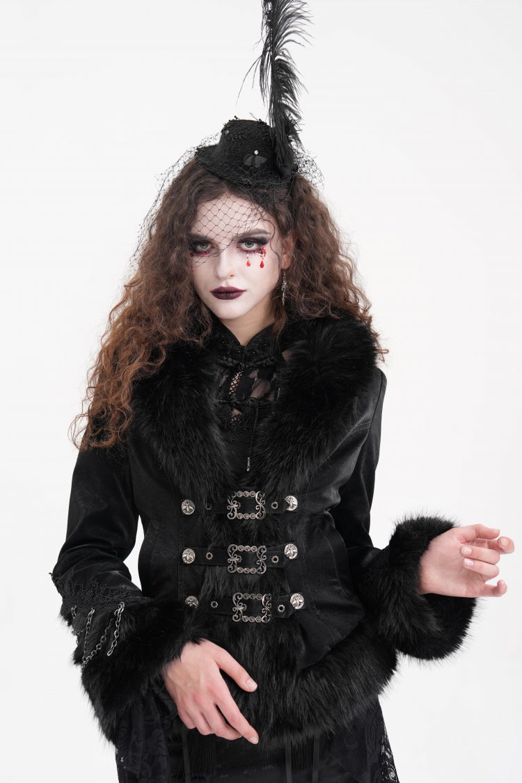Black Faux Fur Bucket-up Chain Women's Gothic Jacket - Black - 1