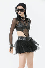 Black Multi-Layered Lace Mesh Women's Punk Short Skirt with D-Ring Ties Waist - Product - 9