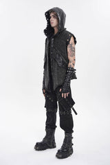 Black Spliced Hooded Buckled Eyelet Men's Punk Cool Vest - Product - 8