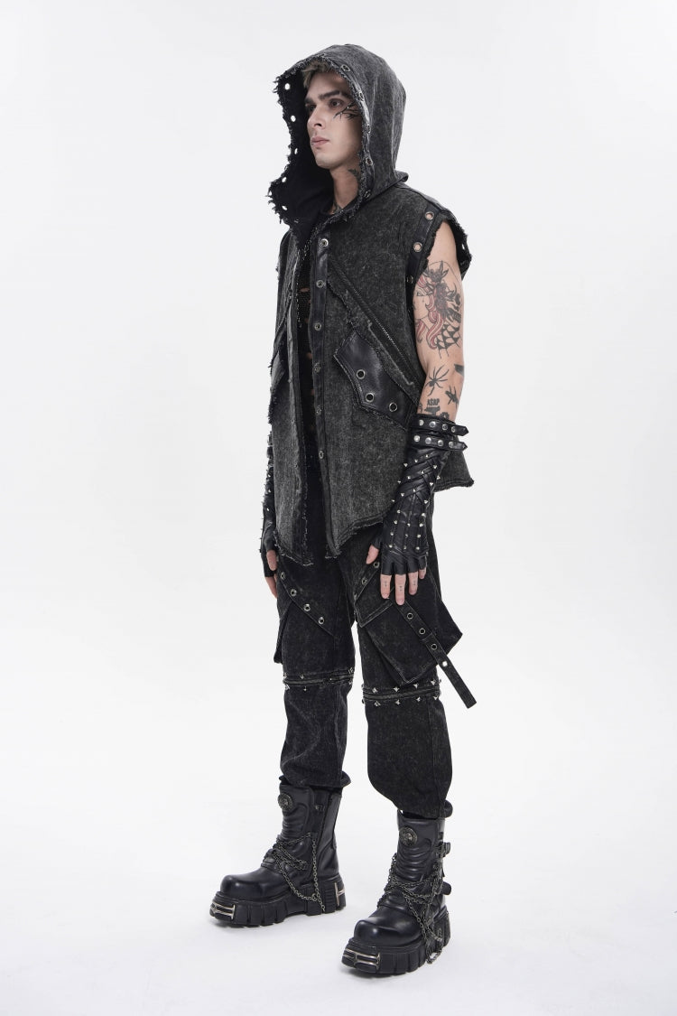 Black Spliced Hooded Buckled Eyelet Men's Punk Cool Vest - Product - 8