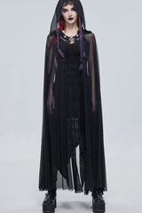 Black Punk Cross Leather Straps On Chest Design Metal Five-Pointed Star Decoration Long Hooded Women's Cape - Product - 2