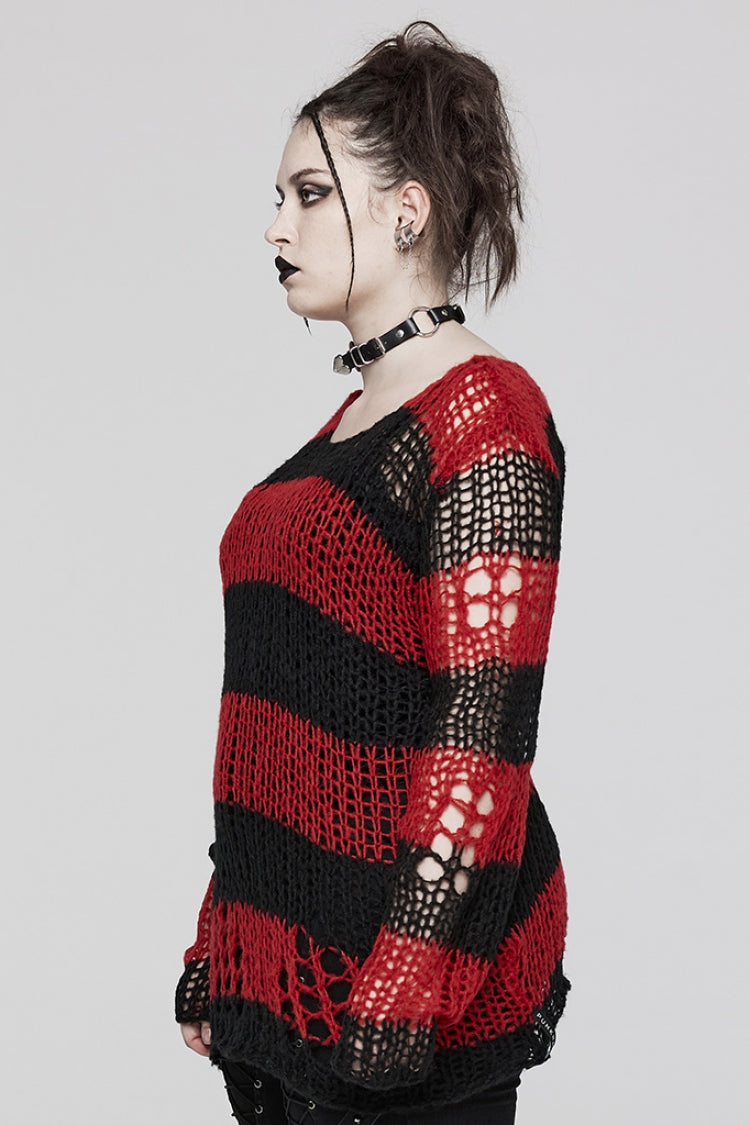 Round Collar Striped Print Irregular Ripped Women's Gothic Sweater 4 Colors - Product - 26