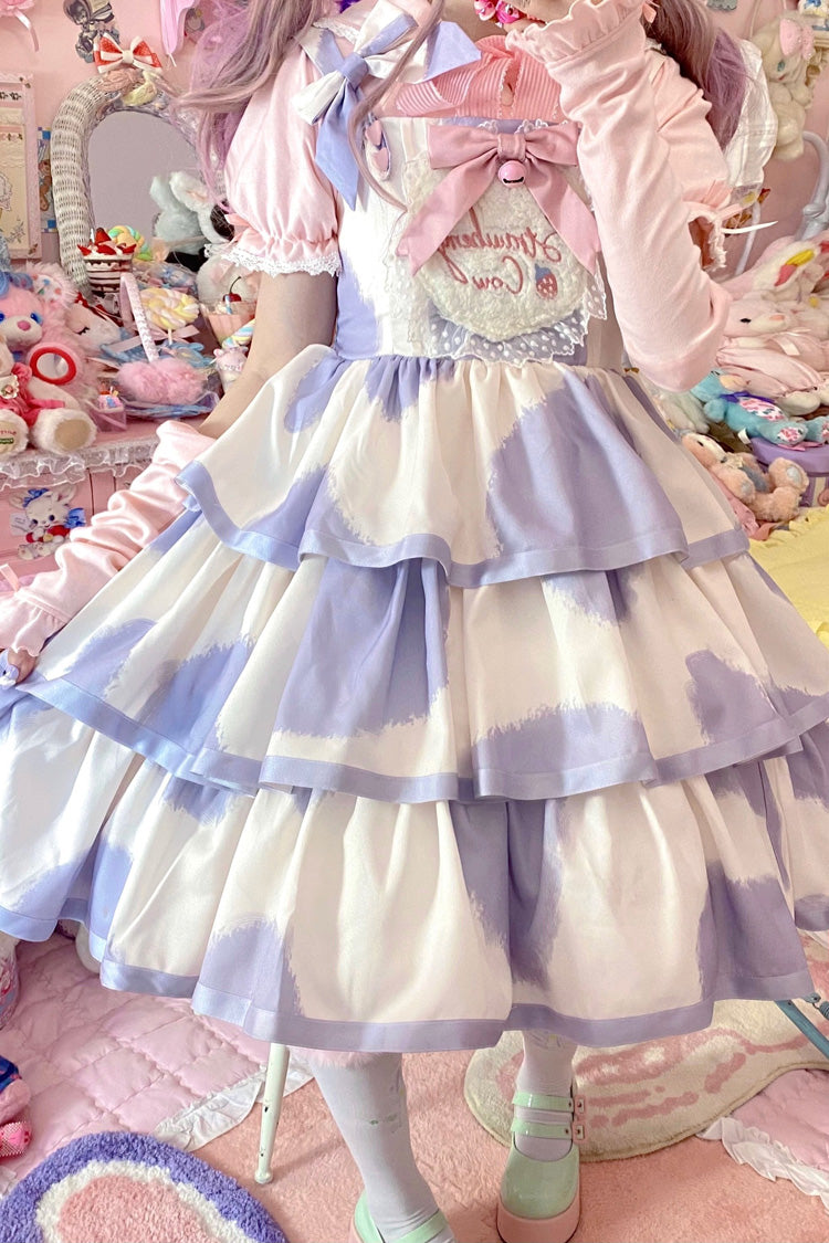 Blue Sleeveless Triple-Layered Cow Print Ruffle Bowknot Sweet Lolita Jsk Dress - Product - 18