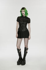 Black Lapel Collar Short Sleeves Lace-Up Mesh Eyelet Women's Punk Blouse - Product - 7