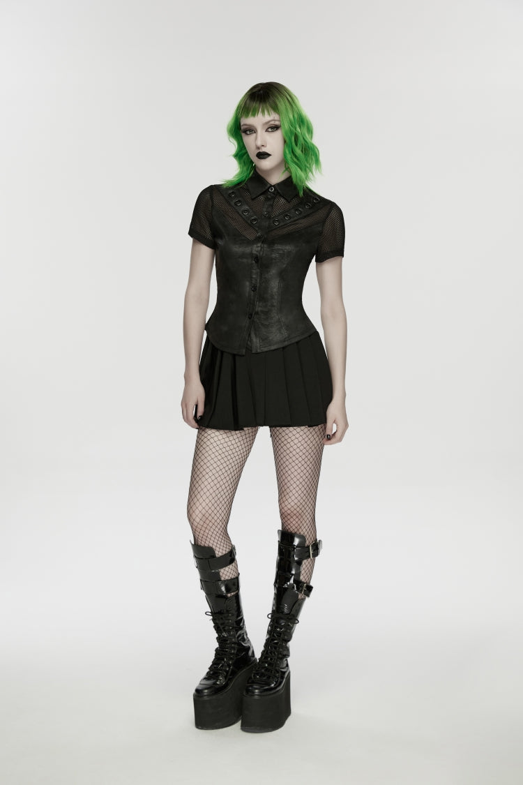 Black Lapel Collar Short Sleeves Lace-Up Mesh Eyelet Women's Punk Blouse - Product - 7