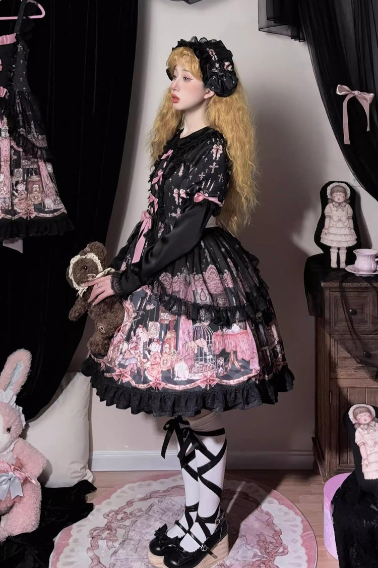 Black [The Case of the Missing Lamb] Print Long Sleeves Ruffle Bowknot Lace Gothic Lolita Dress - Product - 18
