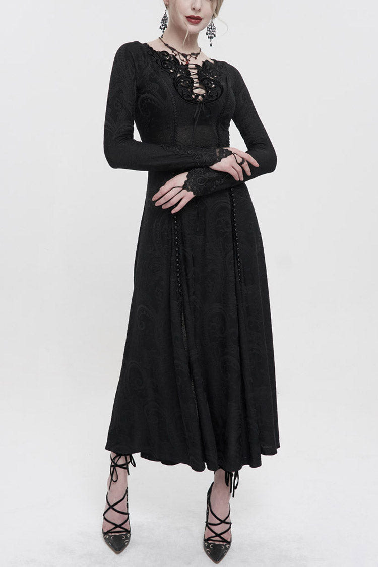 Black Long Sleeve Long Knitting Symmetrical Applique And String at The Chest Women's Gothic Dress - Black - 1