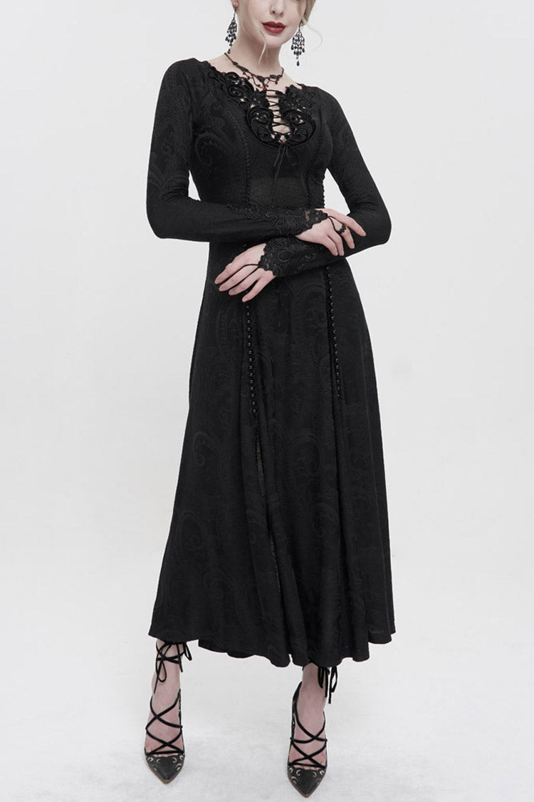 Black Long Sleeve Long Knitting Symmetrical Applique And String at The Chest Women's Gothic Dress - Black - 1