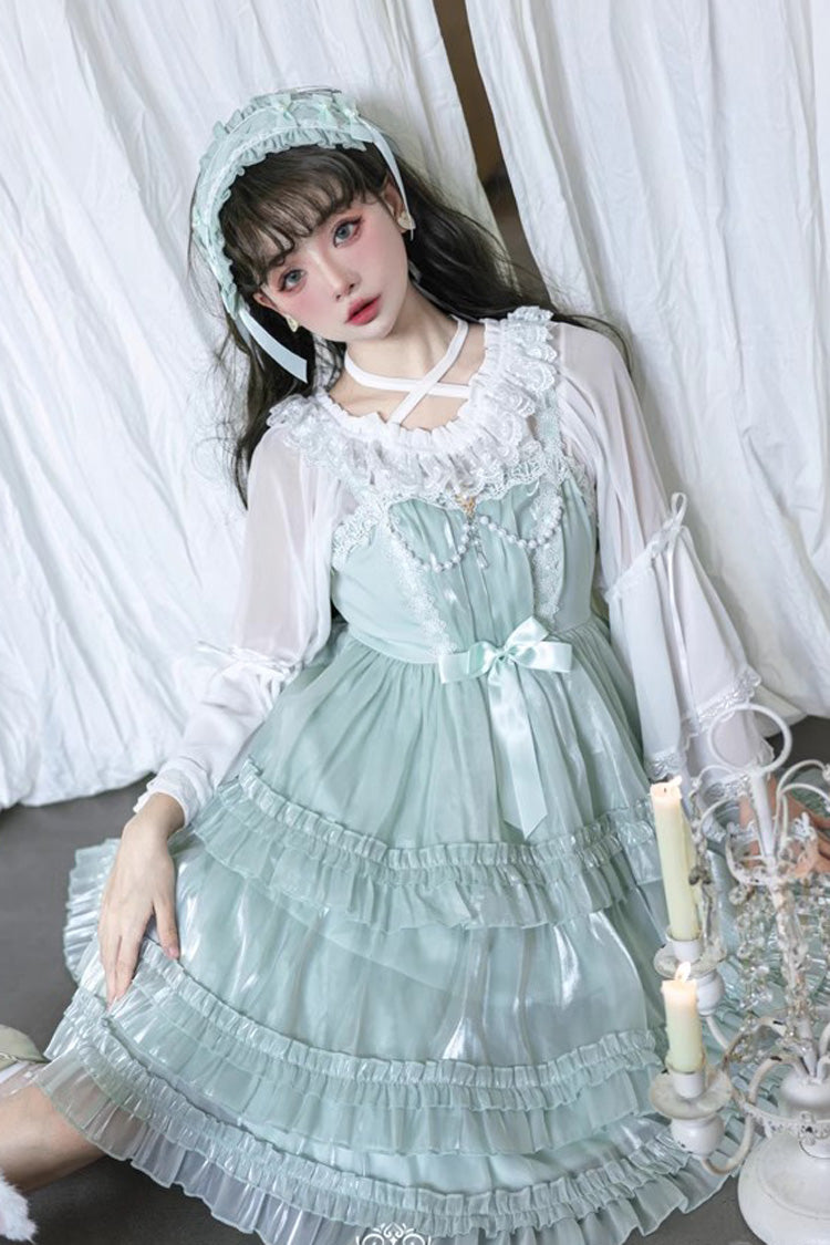 Green Starry Gauze Love Song Three-Tiered Ruffle Bowknot Sweet Lolita Tiered JSK Dress - Product - 8