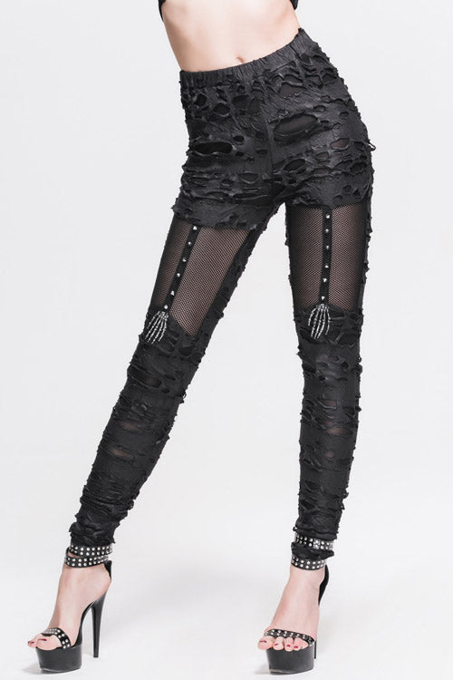 Black Sexy Skeleton Palm Ripped Knitted Gothic Womens Pants - Black - 1