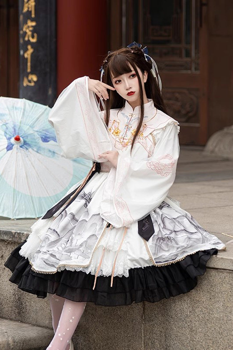 Chinese Style Long Sleeves Landscape Painting Print Bowknot Sweet Elegant Lolita Dress 2 Colors - Product - 10