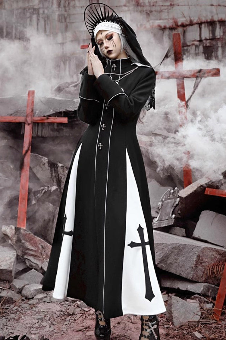 Black [The Trial of a Nun] Cross Print Hollow Cardigan Stitching Gothic Lolita Long Coat - Product - 4