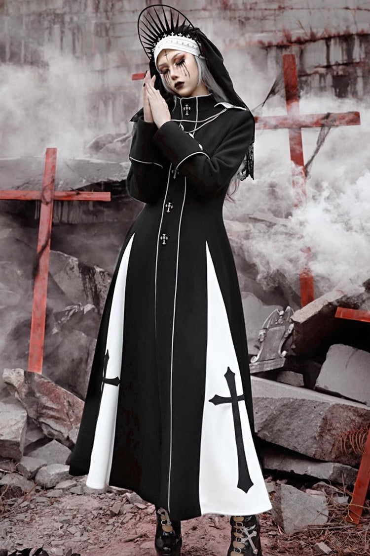 Black [The Trial of a Nun] Cross Print Hollow Cardigan Stitching Gothic Lolita Long Coat - Product - 4