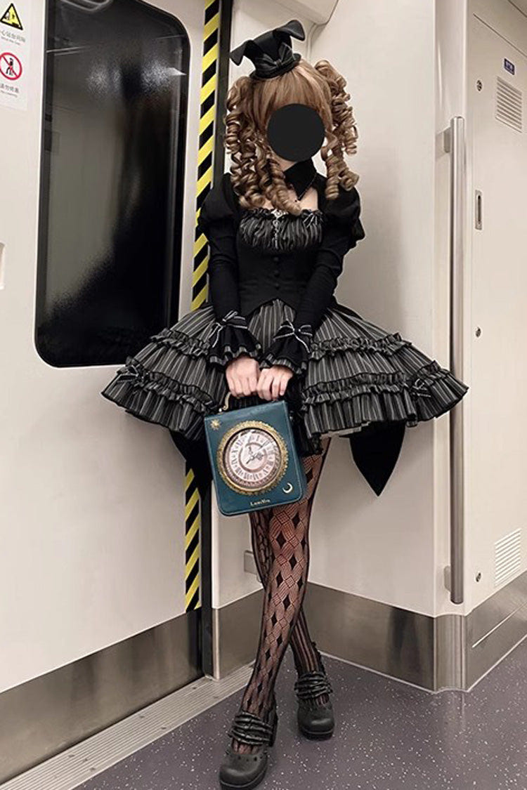 Black [Duke of the Trap Rabbit] Long Sleeves Stripe Print Ruffle Bowknot Lace Gothic Lolita Dress - Product - 8
