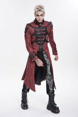 Red Stand Collar Long Sleeves Printed Spliced Studded Buckled Zippered Eyelet Men's Punk Cool Hooded Jacket - Product - 10