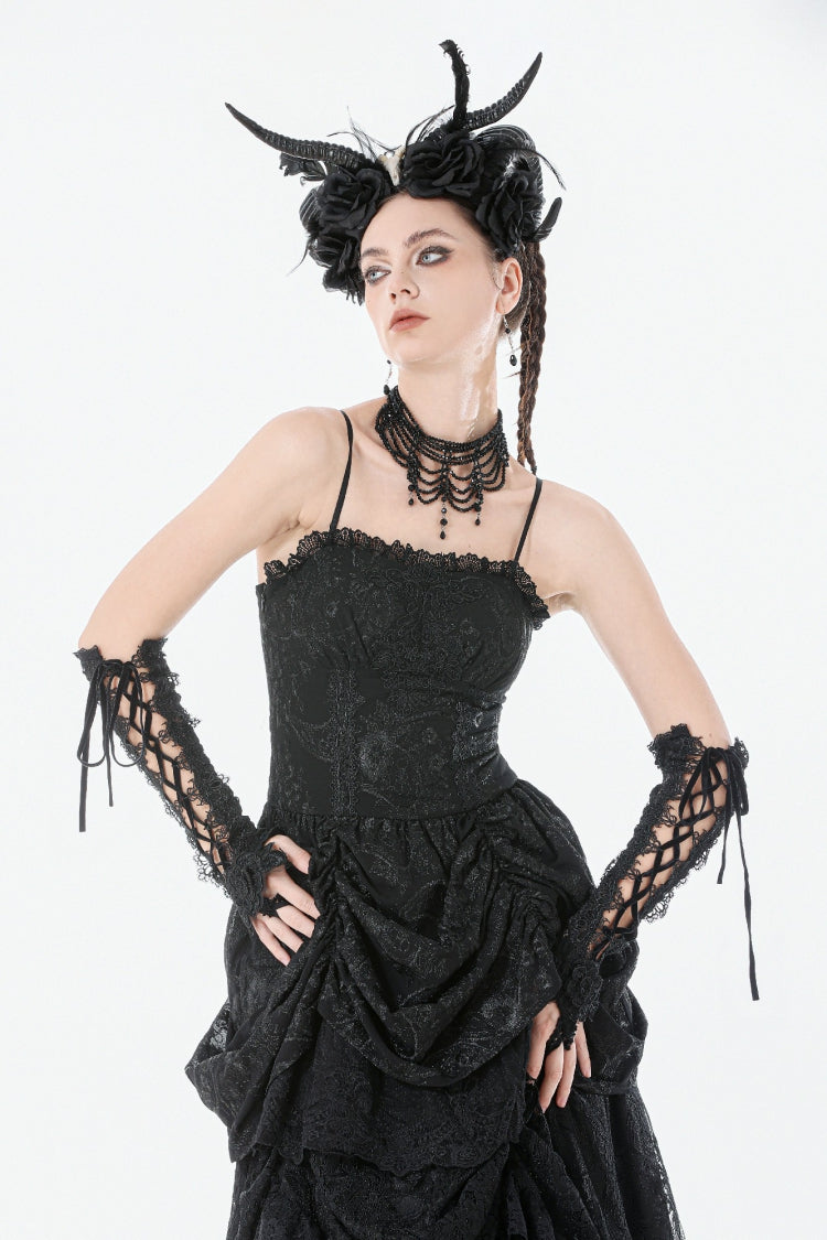 Black Sleeveless Multi-Layered Embroidered Women's Gothic Peplum Court Slip Dress - Black - 1