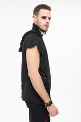 Black Skull Print Super High Neck Masked Rivet Hole Hooded Short Sleeve Men's Punk T-Shirt - Product - 2