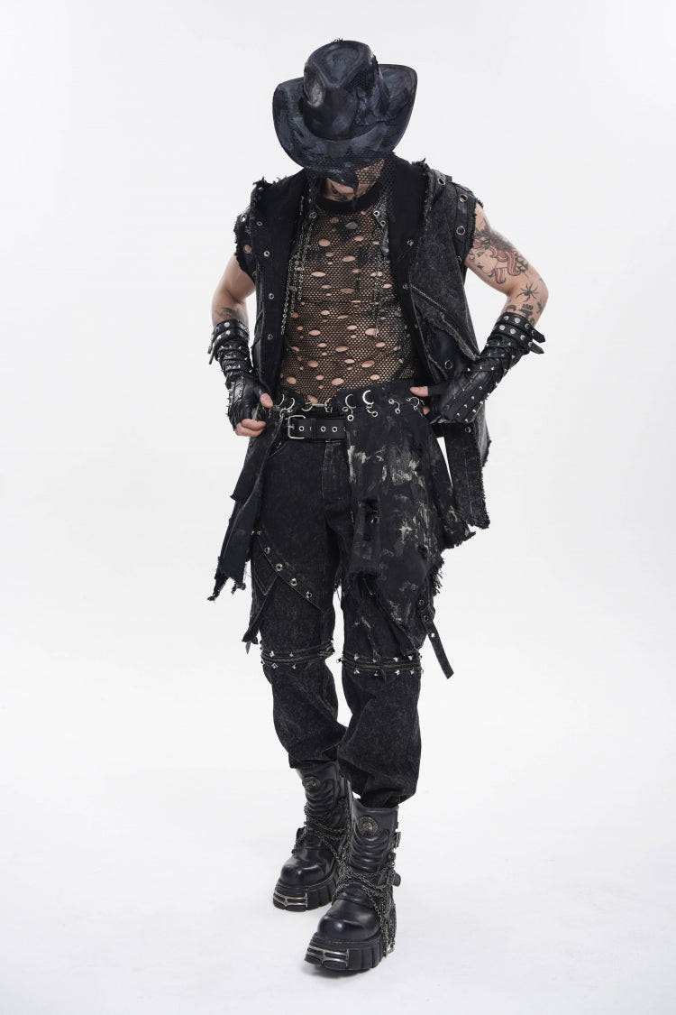 Black Irregular Ripped Buckled Pleated Chain-Decorated Men's Punk Skirt - Black - 1