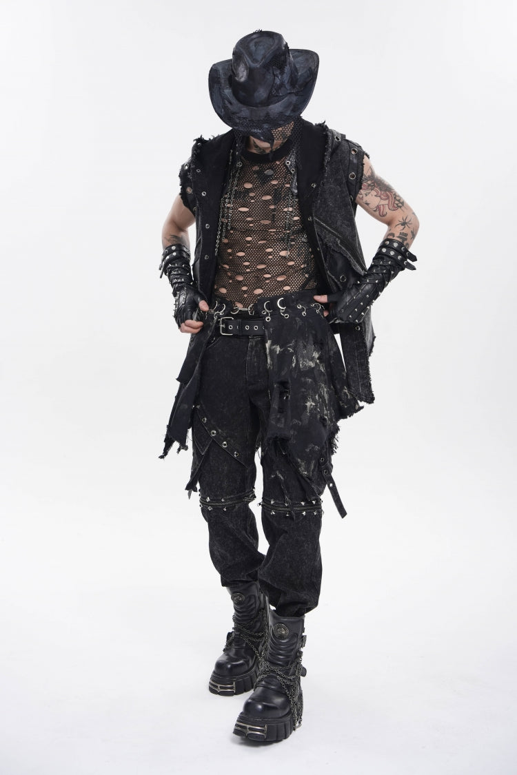 Black Irregular Ripped Buckled Pleated Chain-Decorated Men's Punk Skirt - Black - 1