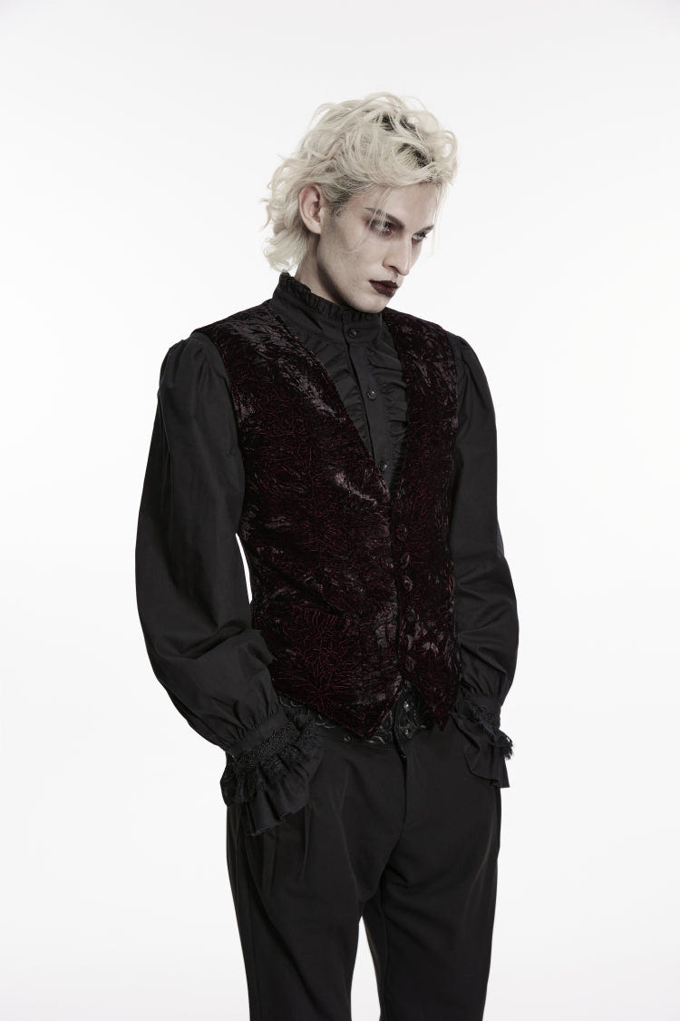 Black/Red V Collar Printed Slim Buckled Men's Gothic Retro Velvet Vest - Product - 6