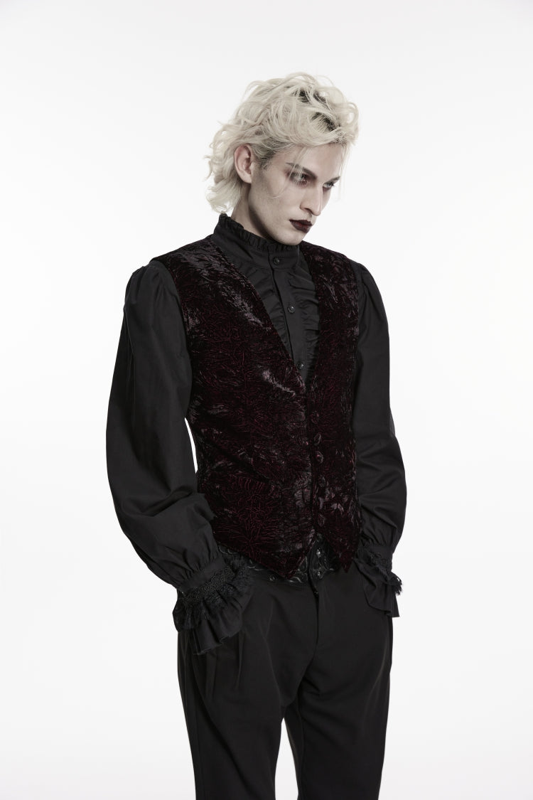Black/Red V Collar Printed Slim Buckled Men's Gothic Retro Velvet Vest - Product - 6