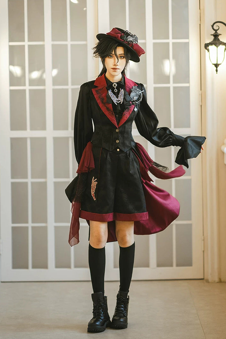 Black/Red [Moonlit Return] Jacquard Printed Lace-Up Gothic Elegant Ouji Lolita (Blouse/Pants/Shorts/Vest) - Black/Red(Vest-Only) - 1