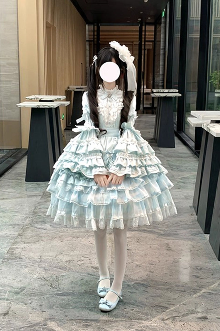 Blue [The Soloist Doll] Long Hime Sleeves Multi-Layered Print Ruffle Bowknot Asymmetric Sweet Lolita Dress - Product - 16