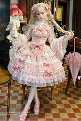 Pink [Little Lovetine] Multi-Layered Ruffle Bowknot Lace Sweet Gorgeous Lolita Jsk Dress - Pink - 1