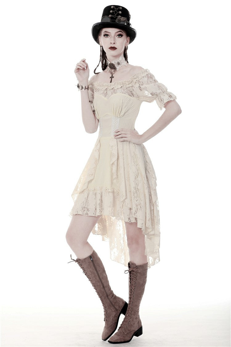 Beige Ruffled Off Shoulder Short Sleeves Ruched Women's Steampunk Vintage Gorgeous Graduation Dress - Product - 10