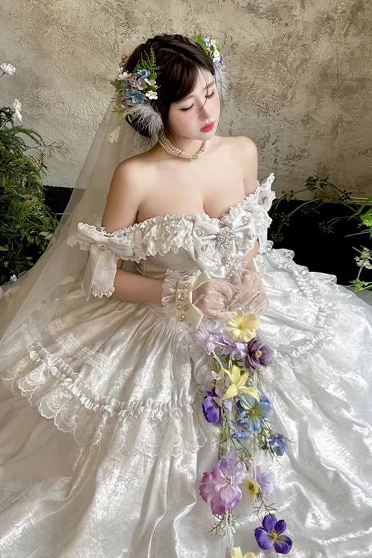 [White Moonlight Lover] Romantic Commemorative Ceremony Sleeveless Ruffled Bow Lace Lace-Up Sweet Elegant Lolita Strapless Dress 3 Colors - Product - 7