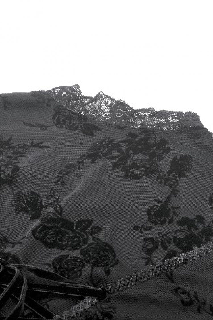 Black Square Collar Long Trumpet Sleeves Mesh Embroidered Lace Lace-Up Women's Gothic Dress - Product - 15