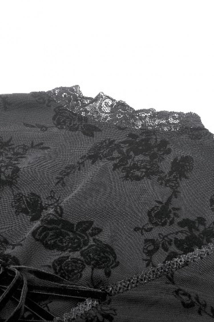 Black Square Collar Long Trumpet Sleeves Mesh Embroidered Lace Lace-Up Women's Gothic Dress - Product - 15