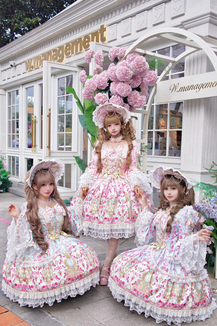 Mint Green/Pink [Rose Garden Prelude] Square Collar Long Trumpet Sleeves Printed Ruffled Bow Lace Lace-Up Sweet Lolita Dress - Product - 9